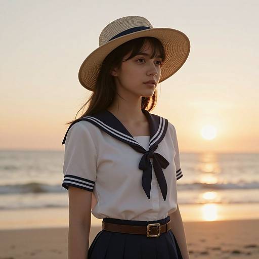 Photograph of a young Asian woman in a white sailor top with blue trim, navy skirt, and straw hat, standing on a sandy beach at sunset