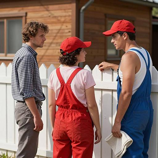 Three People Discussing Near White Fence Outdoors