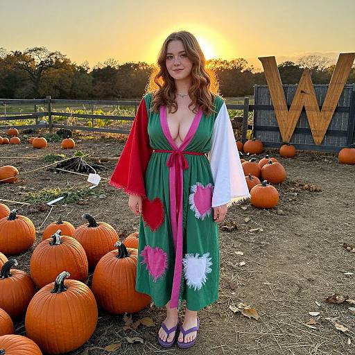 Photograph of a young woman with wavy brown hair, wearing a green dress with red and white sleeves, floral patterns, and a pink bow,