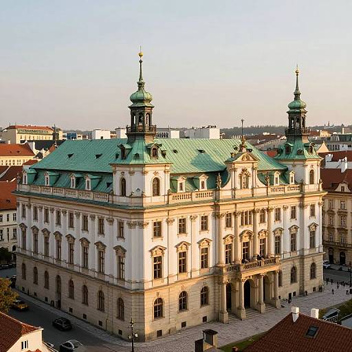 Photograph of a grand, historic European building with green copper roofs, ornate white and beige facade, and two black spires, viewed from an