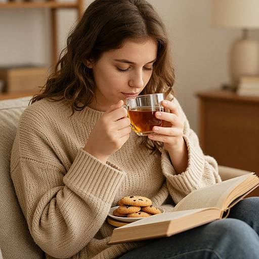Photograph of a young woman with wavy brown hair, wearing a beige knit sweater, sipping tea, reading a book, and surrounded by cookies