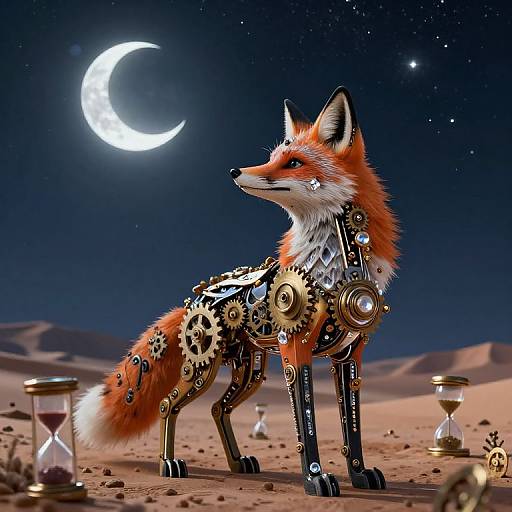 Digital artwork of a robotic fox with gears and metal parts, standing in a desert under a crescent moon, surrounded by hourglasses.