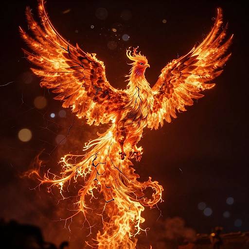 Photograph of a fiery phoenix with glowing orange and red feathers, wings spread wide, set against a dark, bokeh-lit background.