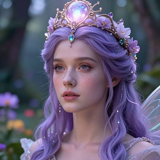 Digital fantasy portrait of a fair-skinned, lavender-haired fairy princess with a glowing tiara, flower crown, and delicate wings, set against a blurred