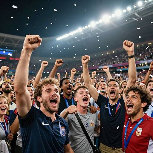 Photograph of an excited, diverse crowd of male soccer fans in team jerseys, raising fists and cheering under bright stadium lights. Confetti falls above them