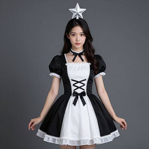 Photograph of an Asian woman in a black and white French maid costume with a star headpiece, black lace-up corset, and white apron