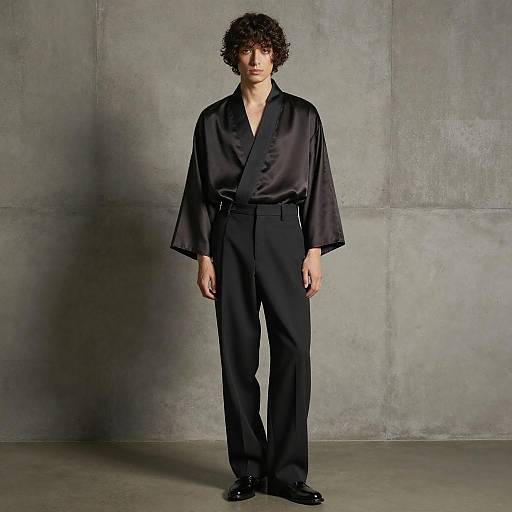 Man in Black Silk Kimono Jacket and Wide-Leg Trousers