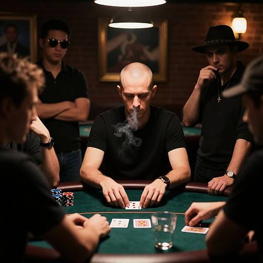 Intense Poker Game in Dimly Lit Room