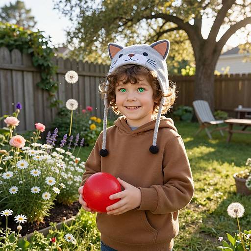 Photograph of a curly-haired boy with green eyes, wearing a cat-eared hat and brown hoodie, holding a red ball in a sunlit garden