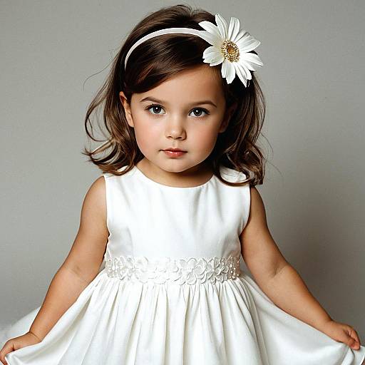 Toddler Girl in White Dress with Flower Headband