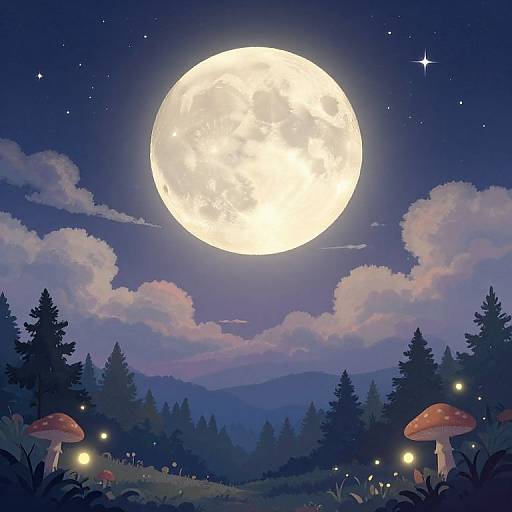 Digital illustration of a moonlit forest night, featuring a bright, full moon, starry sky, glowing mushrooms, and twinkling fireflies among dark