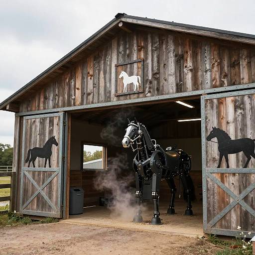 Photograph of a rustic wooden barn with black horse inside, white horse silhouette above doors, black horse silhouettes on doors.
