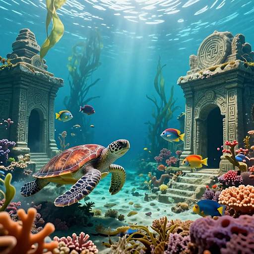 Photorealistic CGI of a vibrant underwater scene featuring a sea turtle swimming between ancient stone structures, surrounded by colorful coral, fish, and sunlight filtering through