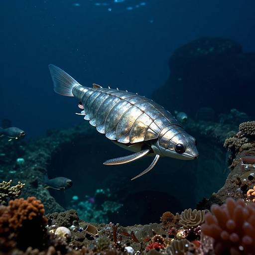 Photograph of a bioluminescent fish with a shiny, metallic body glowing in the dark blue underwater coral reef.