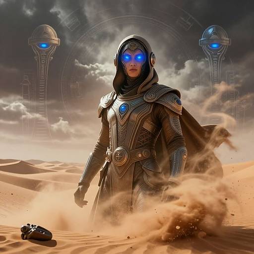 CGI sci-fi image of a blue-eyed armored figure in desert sandstorm, with glowing blue helmet and shoulder accents, flanked by two tall,