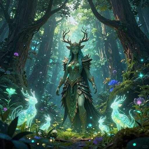 Digital fantasy art of a mystical, horned, armored forest goddess with glowing blue deer-like creatures surrounding her in a magical, illuminated forest.