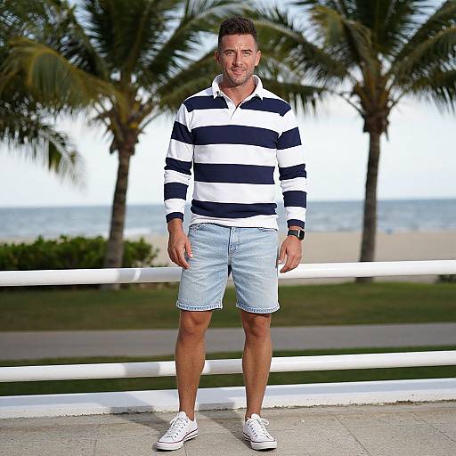 Photograph of a muscular man with short dark hair, wearing a black-and-white striped shirt, light blue denim shorts, and white sneakers, standing in