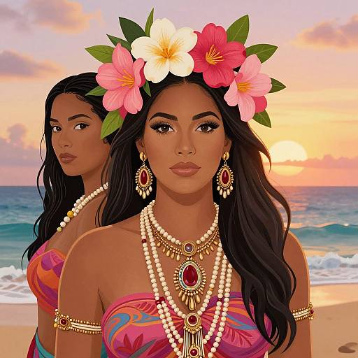 Digital art of two beautiful women with dark skin and black hair, wearing floral crowns, colorful dresses, and gold jewelry, standing on a beach at