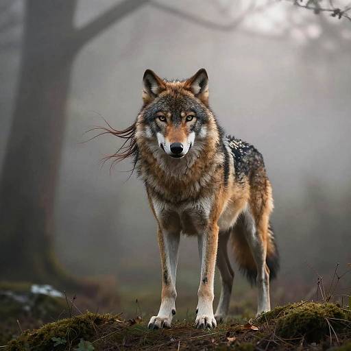Photograph of a fierce, brown and black wolf with piercing yellow eyes standing on mossy forest ground, misty background.
