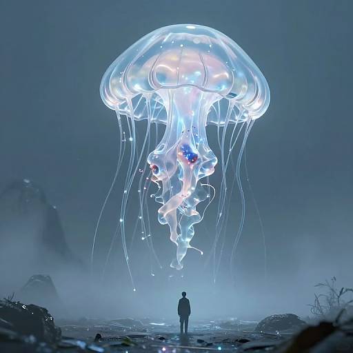 Photorealistic digital art: a silhouetted figure stands below a glowing, ethereal jellyfish with translucent, bioluminescent tentacles