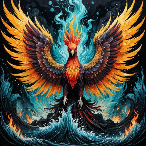 Expressionistic Phoenix Rising with Aquatic Motifs