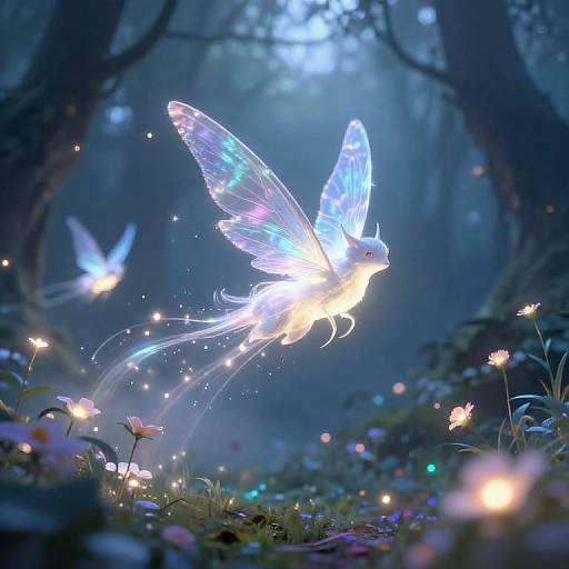 Digital art of glowing, ethereal blue butterflies with translucent wings, illuminated in a mystical, moonlit forest filled with glowing flowers.