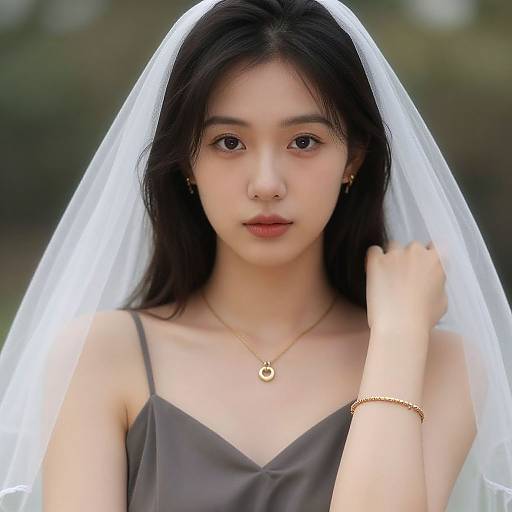 Asian woman with long black hair, wearing a white veil, gray dress, gold necklace, and bracelet, looking directly at the camera. Photographic portrait