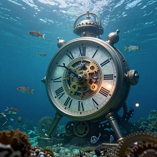 Underwater photograph of an antique silver alarm clock with exposed gears, surrounded by colorful fish and coral, bathed in blue light.