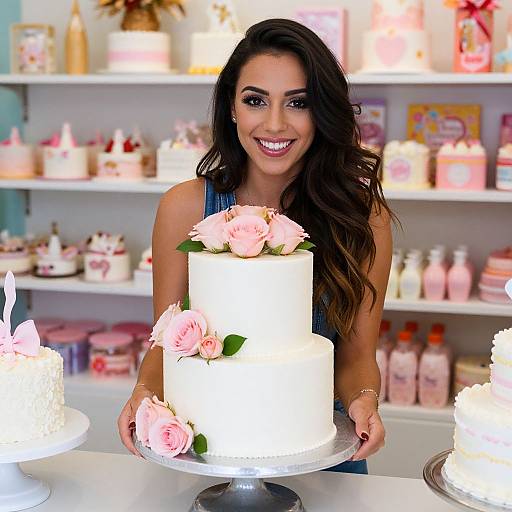 Smiling brunette woman with long wavy hair, in a blue top, holds a white, pink rose-decorated cake in a brightly lit bakery