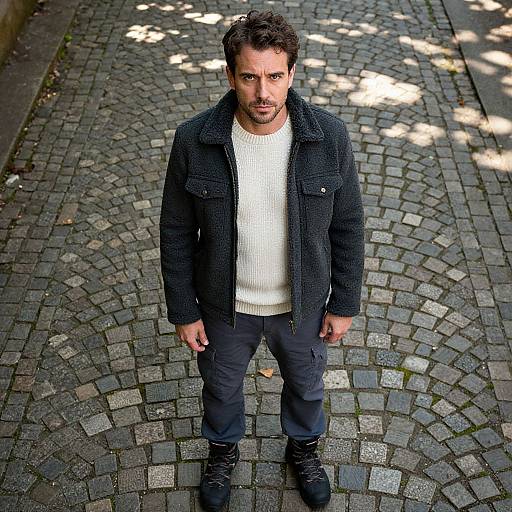 Photograph of a bearded man with dark curly hair, wearing a black wool coat, white knit sweater, black pants, and boots, standing on