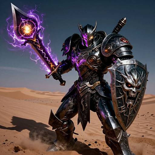 Digital art of a black armored warrior with glowing purple electricity on his sword, shield, and helmet, standing in a desert.