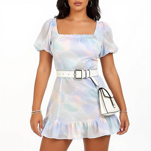 Photograph of a woman with medium brown skin wearing a white, short-sleeve, ruffled dress, white belt, white purse, gold bracelets