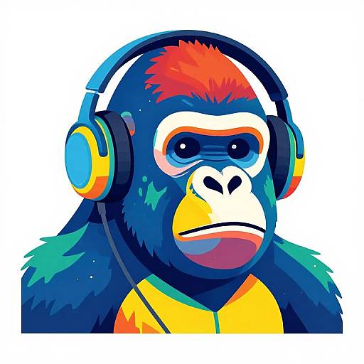 Digital cartoon of a blue, red-furred monkey with headphones, yellow shirt, serious expression, and vibrant colors against a white background.