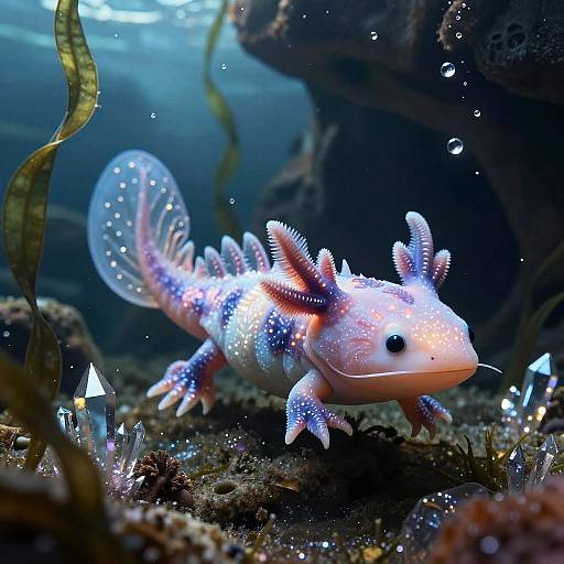 Photograph of a colorful, bioluminescent dragonfish with sparkling scales, pink and blue hues, and translucent fins, swimming amidst underwater crystals and