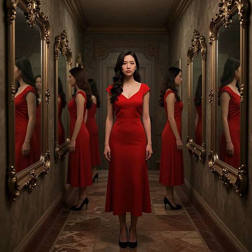 Photograph of an Asian woman with long black hair in a red dress and black heels, standing in a dimly lit hall with ornate gold mirrors