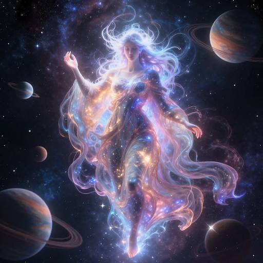 Digital artwork of a glowing, ethereal being with flowing, colorful auroras floating in a starry, cosmic space filled with planets.