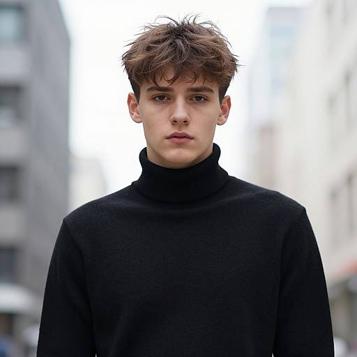 Young man with tousled brown hair, wearing a black turtleneck sweater, standing outdoors with blurred urban background in photograph.