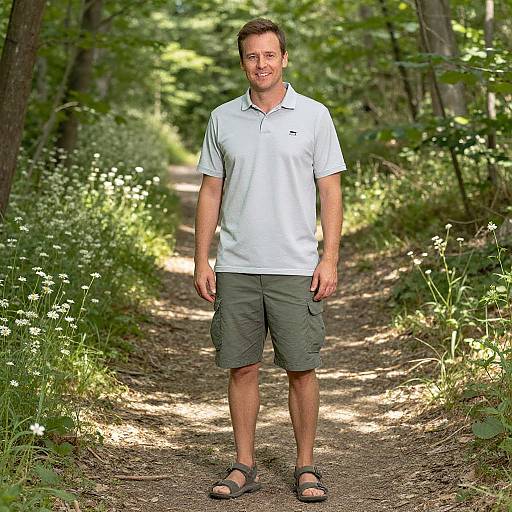 Photograph of a smiling man in a white polo, green shorts, and sandals standing on a sunlit forest path with white wildflowers.