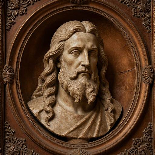 Photograph of a detailed bronze sculpture depicting a long-haired, bearded Jesus Christ with wavy hair, within an ornate, circular, dark-b