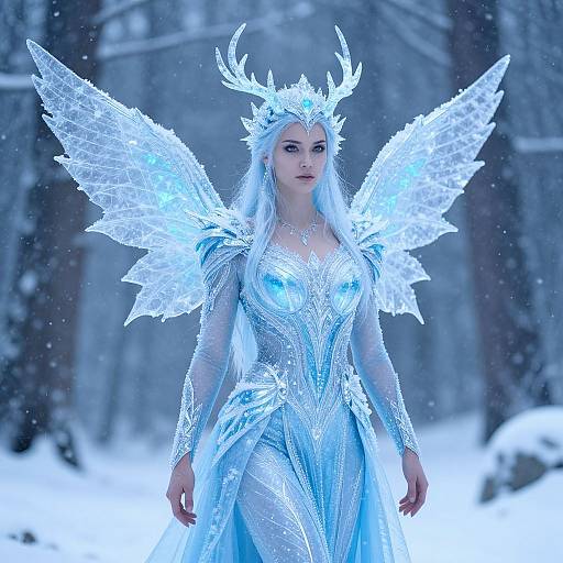 Photograph of a fair-skinned woman in an icy blue, snow-themed fantasy costume with glowing wings and antler crown, standing in a snowy forest