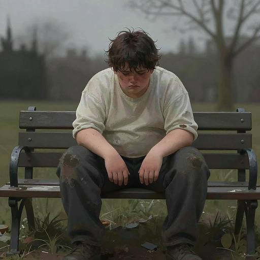 Digital painting of a sad, overweight man with messy black hair, wearing a dirty white shirt and torn jeans, sitting on a dark wooden bench in a