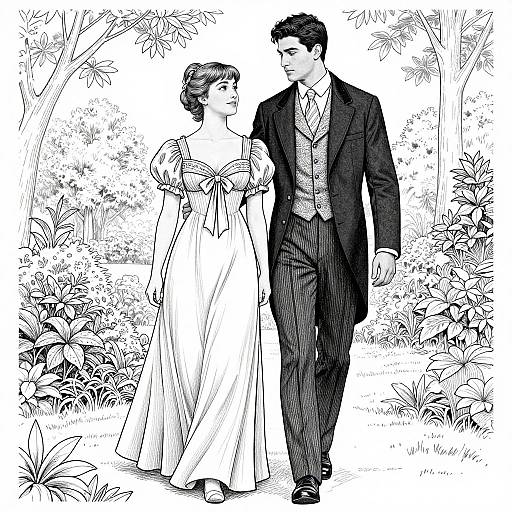 Black-and-white illustration of a couple in formal attire, a woman in a flowing gown and a man in a three-piece suit, walking hand-in-hand