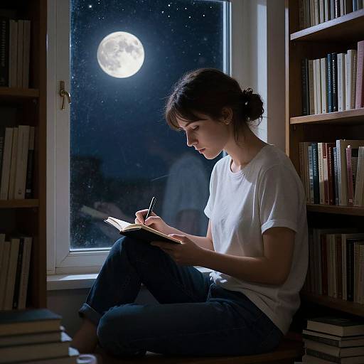 Photograph of a young woman with dark hair in a bun, wearing a white t-shirt and blue jeans, sitting by a moonlit window, writing