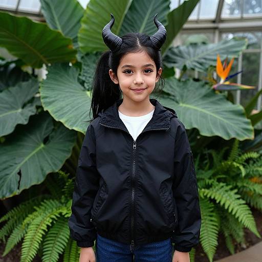 Photograph of a young girl with black hair, wearing a black jacket, white shirt, and black horn headband, standing in front of lush green