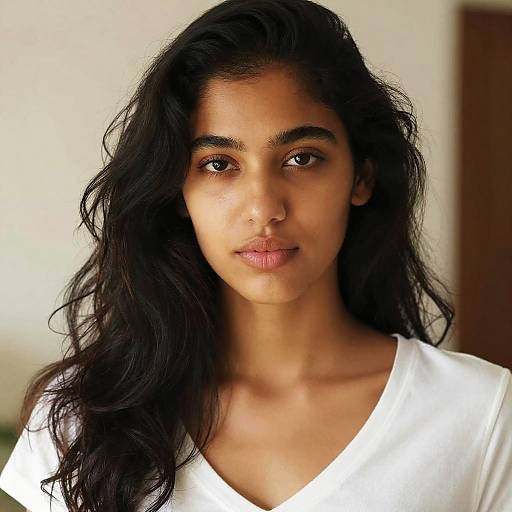 Photograph of a young South Asian woman with long, wavy black hair, brown eyes, and medium brown skin, wearing a white V-neck shirt