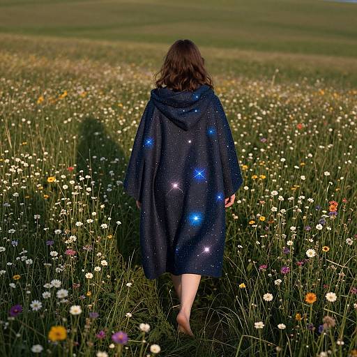 Photograph of a person with shoulder-length brown hair, wearing a dark blue cloak with glowing blue star patterns, walking barefoot through a colorful meadow