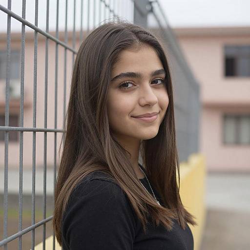 Photograph of a young woman with straight, dark brown hair, light olive skin, and brown eyes, smiling subtly, wearing a black top, standing