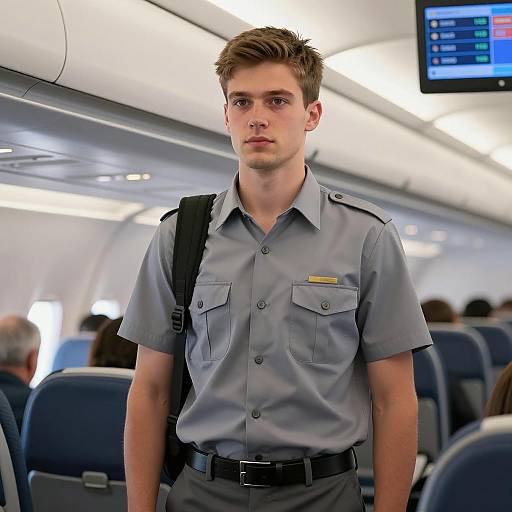 Young Man in Flight Attendant Costume on Airplane