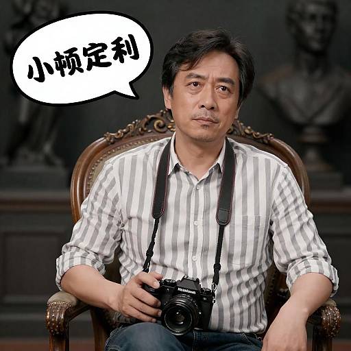 Middle-aged man holding camera with speech bubble