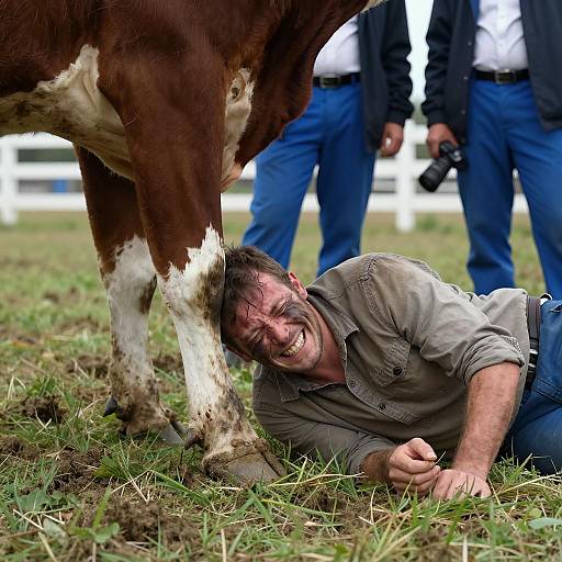 Man Lying on Ground with Cow Leg